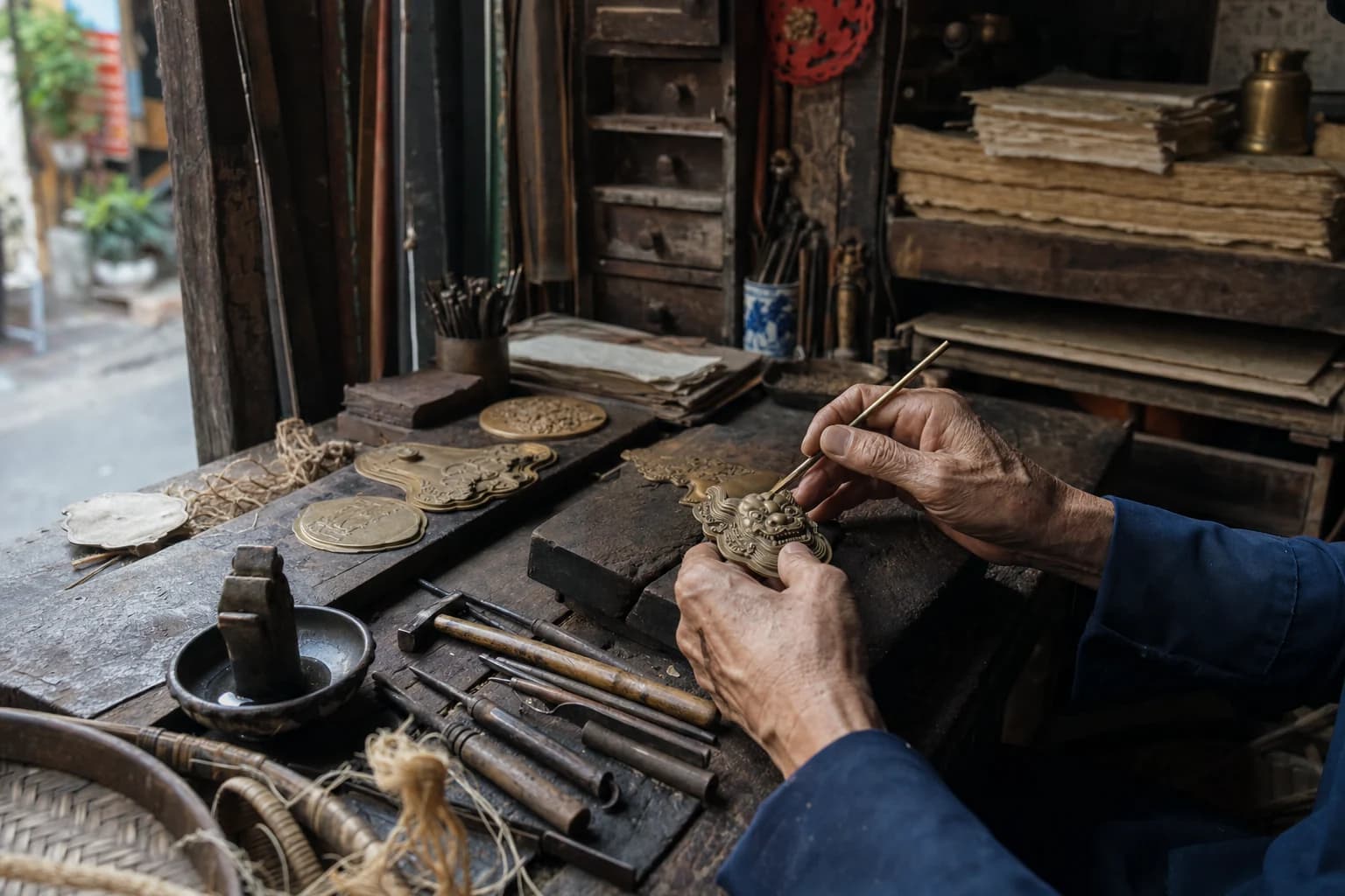 Artisan hands working with woven material