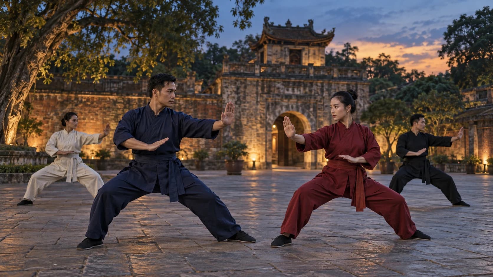 Editorial illustration of four adult martial artists demonstrating in a Hanoi-inspired heritage courtyard at dusk