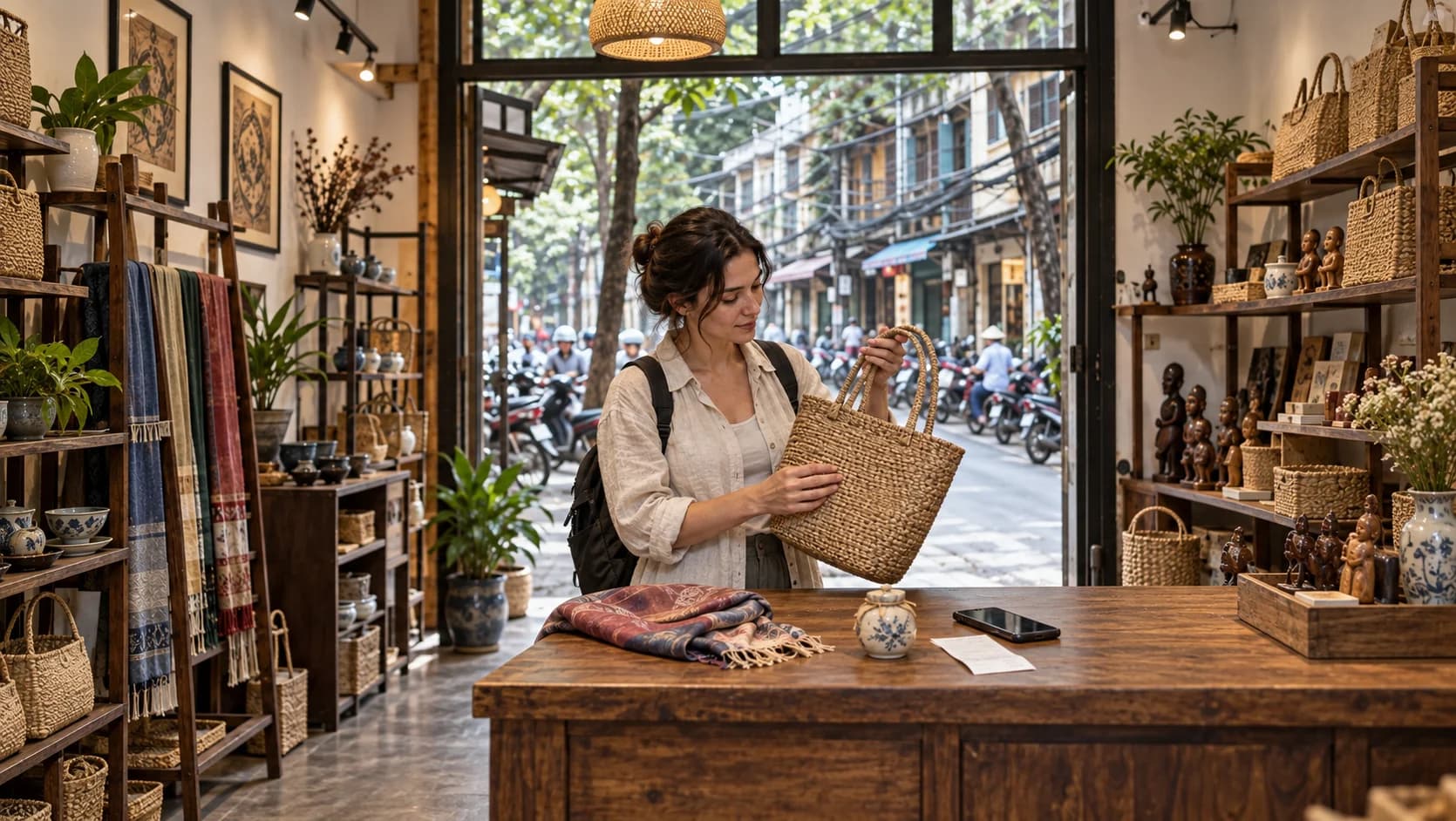 Traveler inspecting a woven bag beside a receipt and phone at a Hanoi craft shop counter