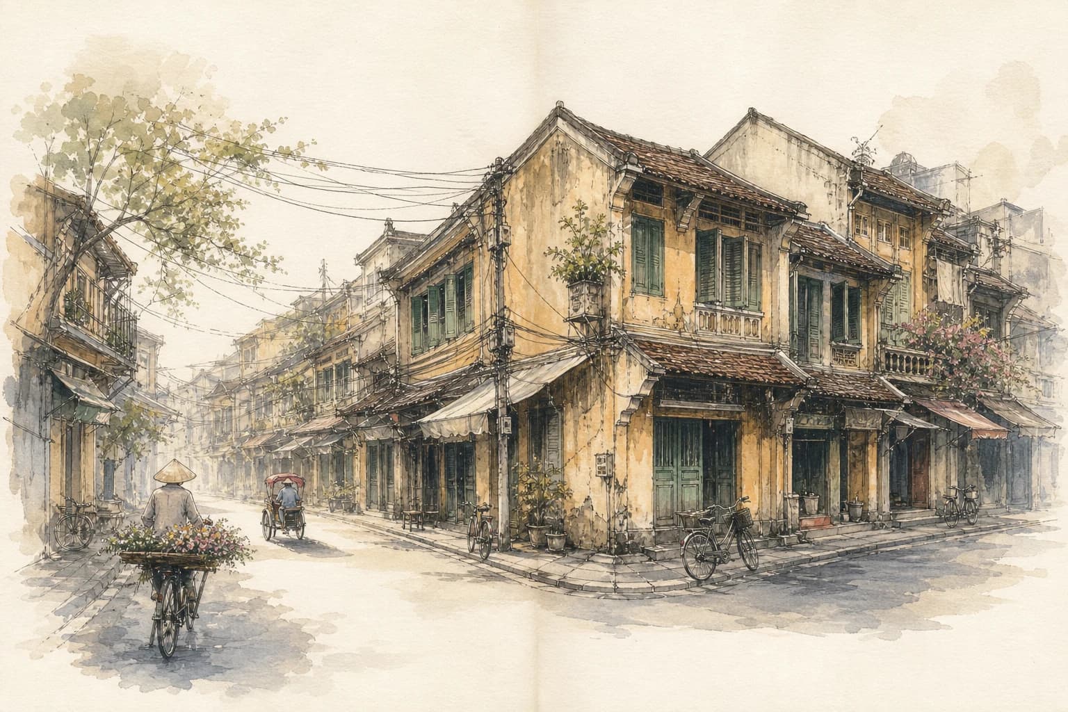 Watercolor field sketch of Hanoi Old Quarter shophouses