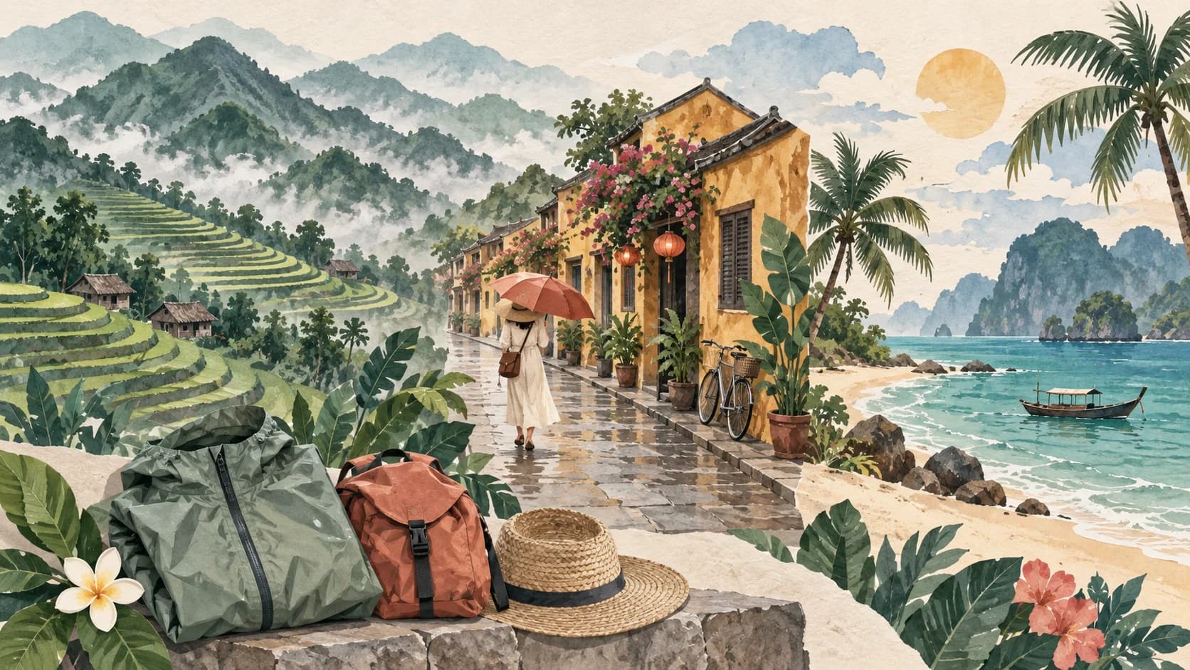 Watercolor travel montage of misty terraces, an ochre town, a tropical coast, a rain jacket and a day bag