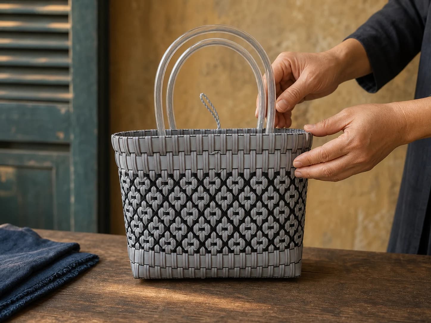 An artisan checking the weave and handles of the Charcoal Blossom Bag