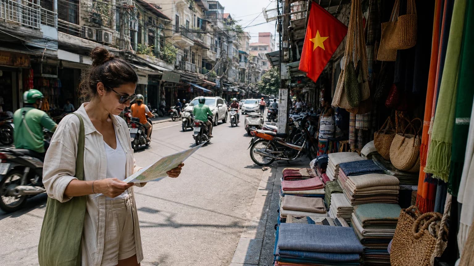 Traveler checking a map beside textiles on a busy motorbike-lined street in Hanoi's Old Quarter