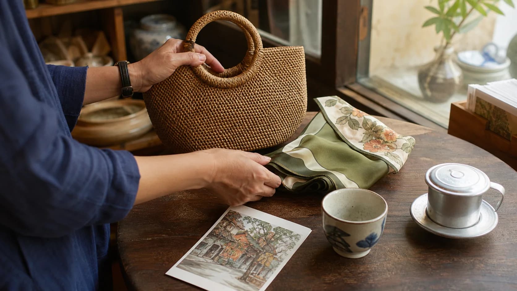 Traveler comparing a woven bag, silk scarf and ceramic gift in a Hanoi shop