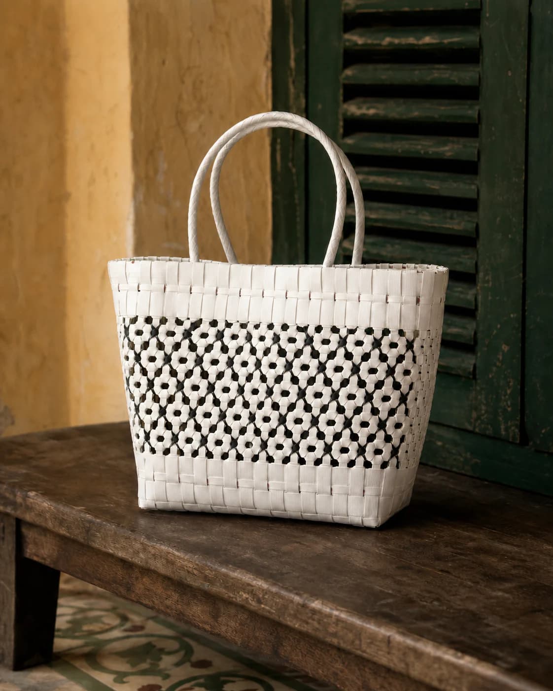 White & Charcoal Lattice Tote